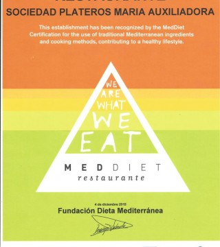 Certificado de la Fundacion Dieta Mediterranea al Restaurante Sociedad Plateros Maria Auxiliadora en Ingles