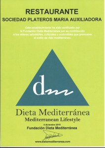 Certificado de la Fundacion Dieta Mediterranea al Restaurante Sociedad Plateros Maria Auxiliadora en castellano