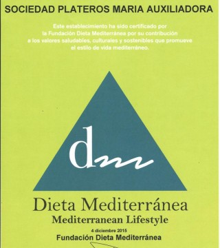Certificado de la Fundacion Dieta Mediterranea al Restaurante Sociedad Plateros Maria Auxiliadora en castellano